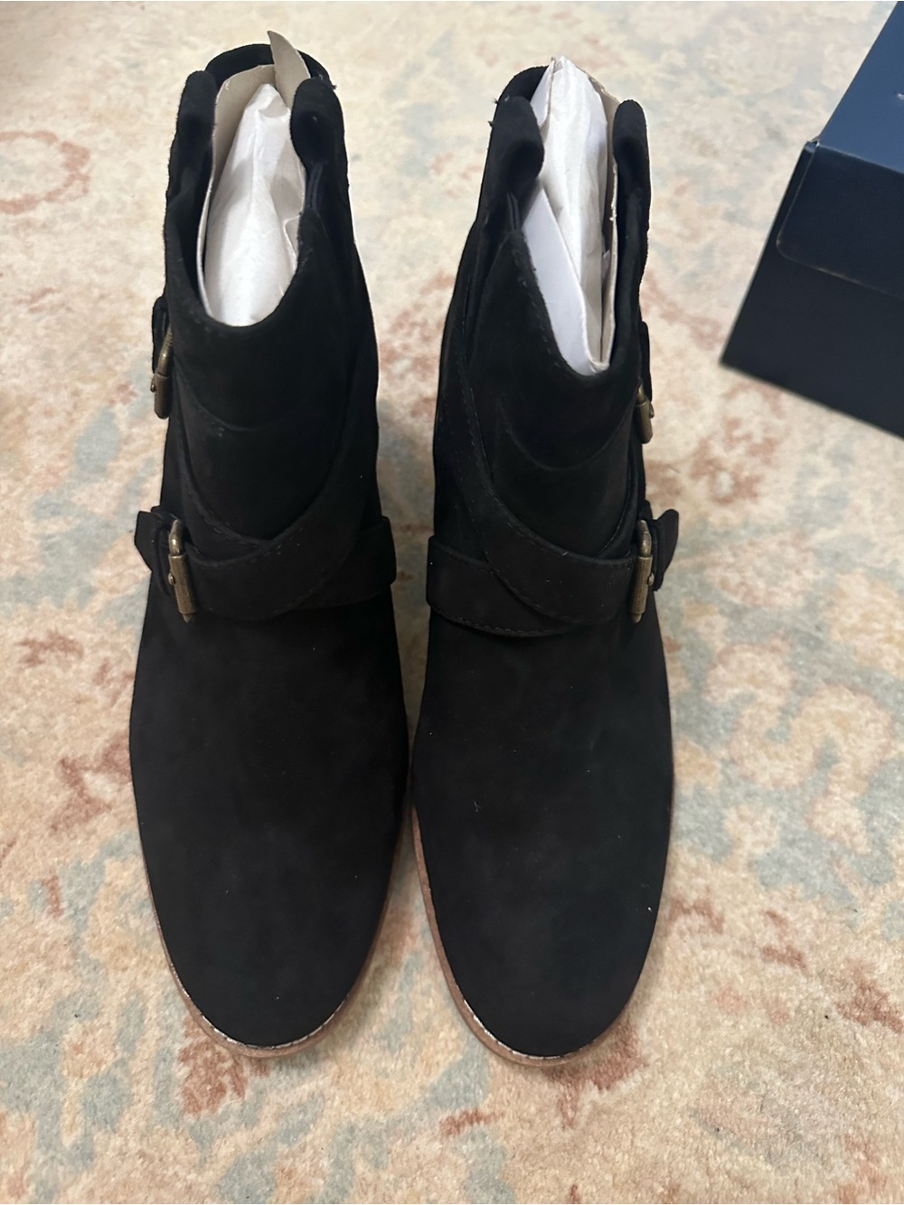 Cole Haan Black Suede Ankle Booties with Buckle Straps, Size 8.5 Wide